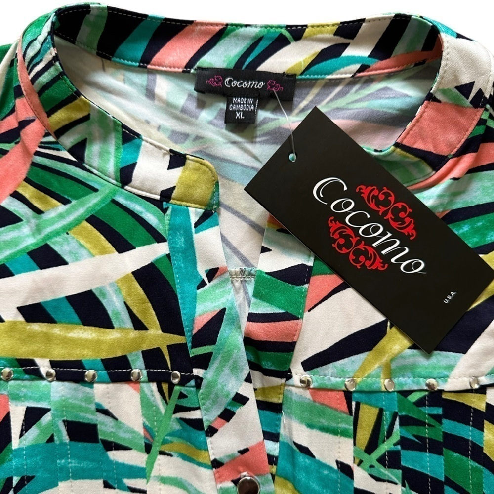 COCOMO XL Green Multicolored 3/4 sleeve Studded women’s Pintuck Blouse t… - Picture 8 of 12